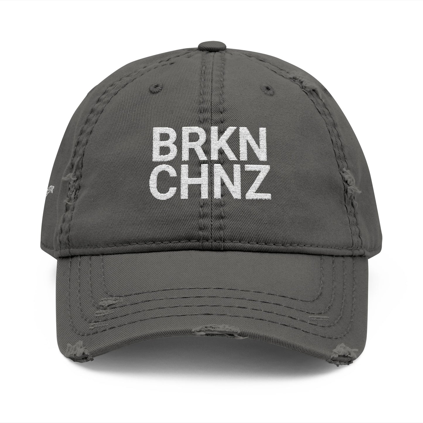 Gray cap with 'BRKN CHNZ' text on a white background